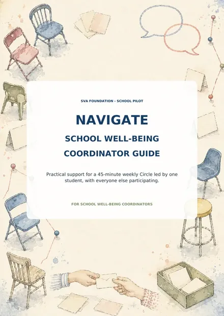 Cover of the NAVIGATE School Well-being Coordinator Guide: watercolour chairs, speech bubbles and index cards around the title.